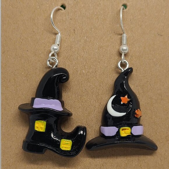 Handmade Witch's Boot & Witch's Hat Dangle Earrings NWOT Ladies Halloween Party - Picture 1 of 5